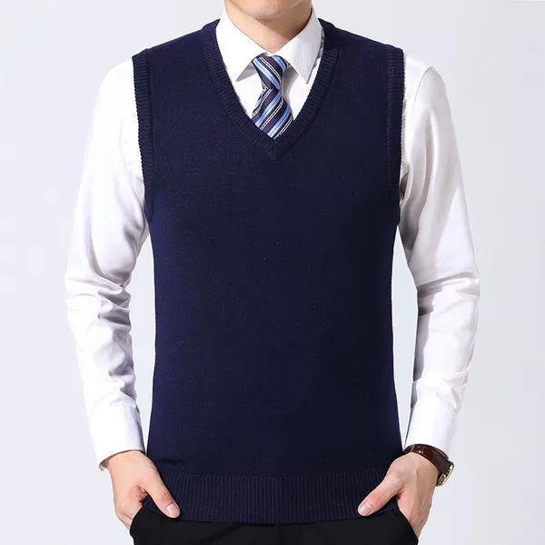Men's solid color wool vest autumn and winter basic V-neck knitted vest middle-aged and elderly casual wool vest dad shirt