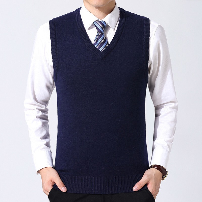 Men's solid color wool vest autumn and winter basic V-neck knitted vest middle-aged and elderly casual wool vest dad shirt