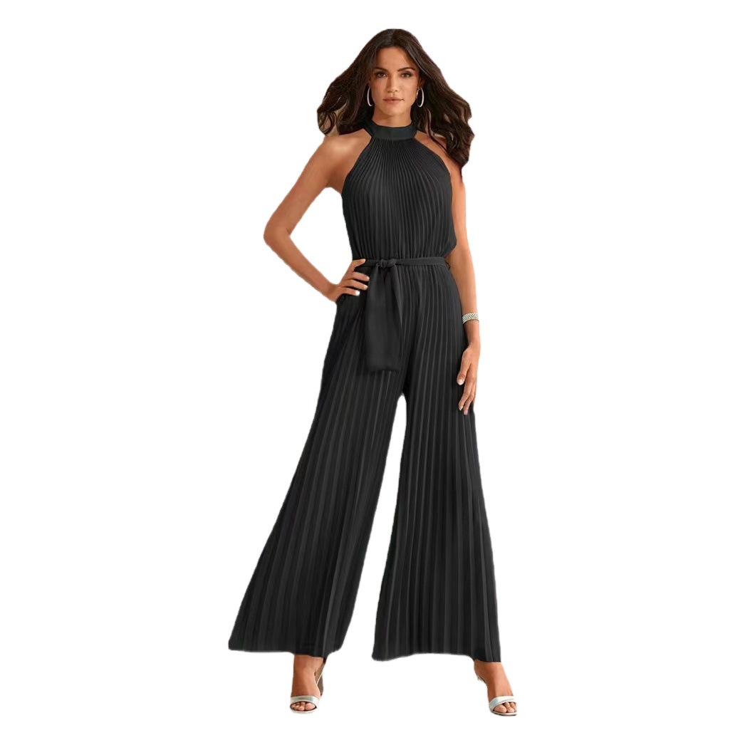 2022 pantalones de una pieza plisados sin mangas halter sexy de verano para mujer nueva, pantalones de pierna ancha plisados delgados con cordones