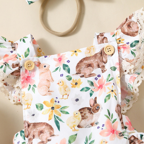 AliExpress Amazon Baby Girl Easter Rabbit Lace Sleeve Three-Layer Cake Triangle Climbing Suit + Headband