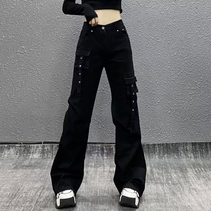 American-style black micro-Denim overalls women's high waist slimming tall floor-mopping flared pants for autumn and winter 2024
