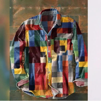 2025 New Amazon Retro Style Hot-Selling Plaid Long-Sleeve Shirt 3D Printed Trendy Button-Up Top for Men