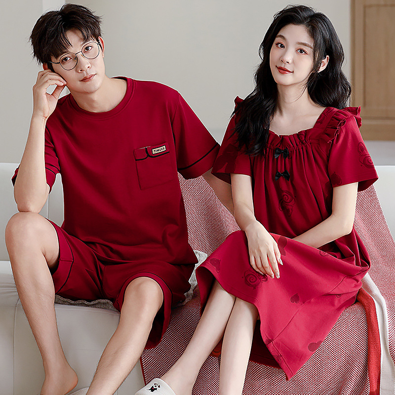 2025 Summer New Tight-Fitting Pure Cotton Men's Shorts and Women's Nightgown Big Red Sweet and Cute Style Couple's Home Clothes
