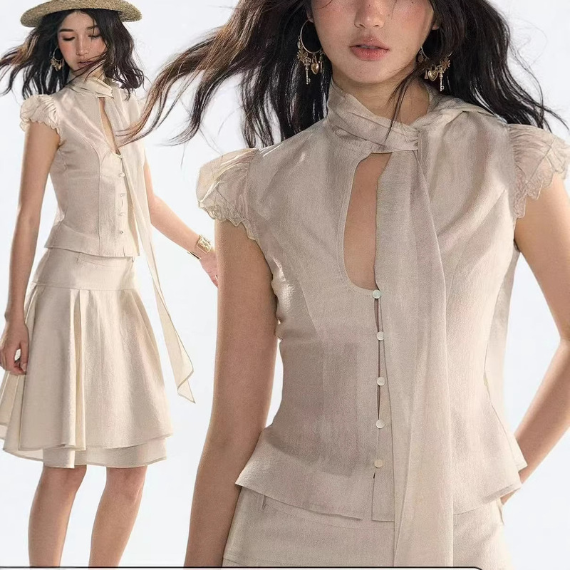 Original Design Sweet Style Chiffon Suit with Slim-Fitting Short-Sleeved Top and Skirt Two-Piece Set for Women