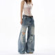 American Style Retro Bamboo Pattern Old Ripped Jeans Men's and Women's Trendy Brand cleanfit Straight Micro Scimitar Pants