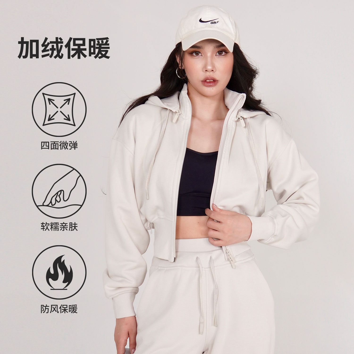 Autumn and Winter New Double Zipper fleece-lined Jacket Women's Grain-shaking Hooded Sweater Stopped Waist Knitted Cardigan Warm Jacket Slimming