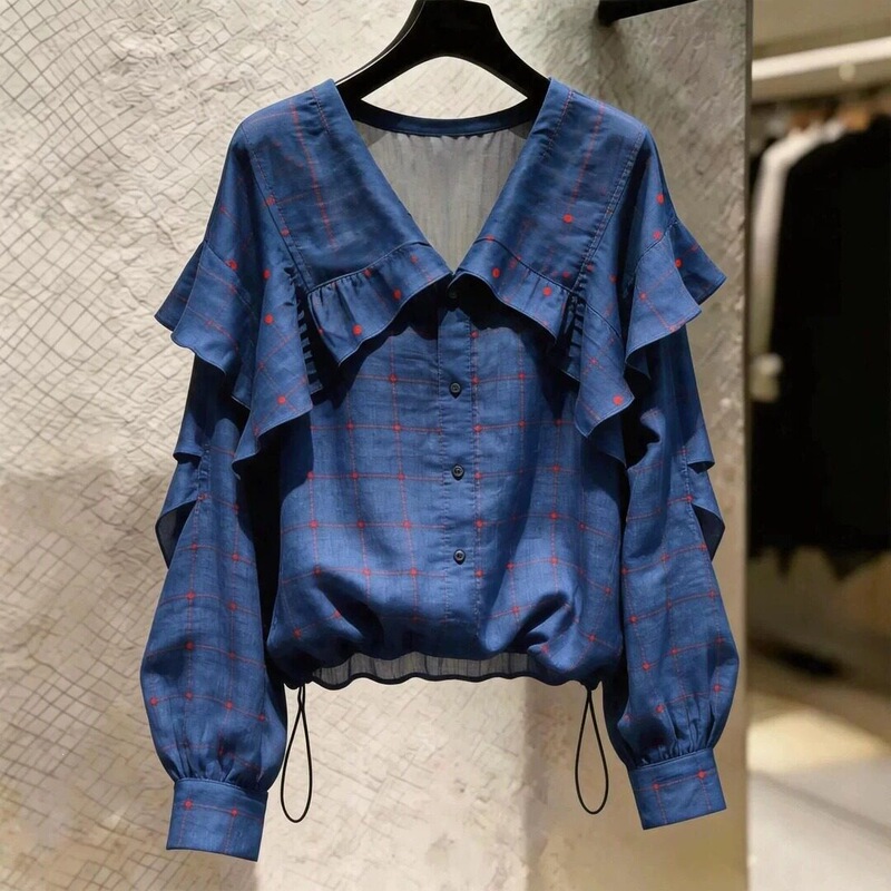 Korean-style ruffled plaid shirt for women, 2026 summer and early autumn new model, long-sleeved, beautiful and stylish design top