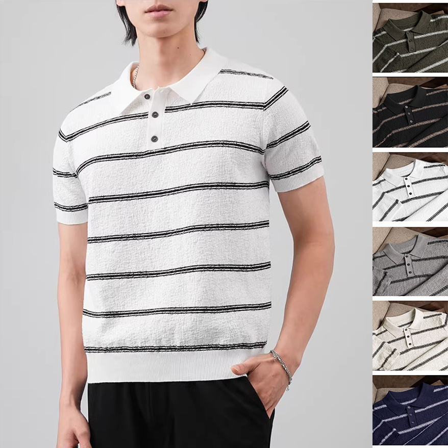 Polo camiseta de punto camiseta de manga corta hombre con solapa estriada textural vieja camiseta de hielo de verano fábrica transfronteriza al por mayor