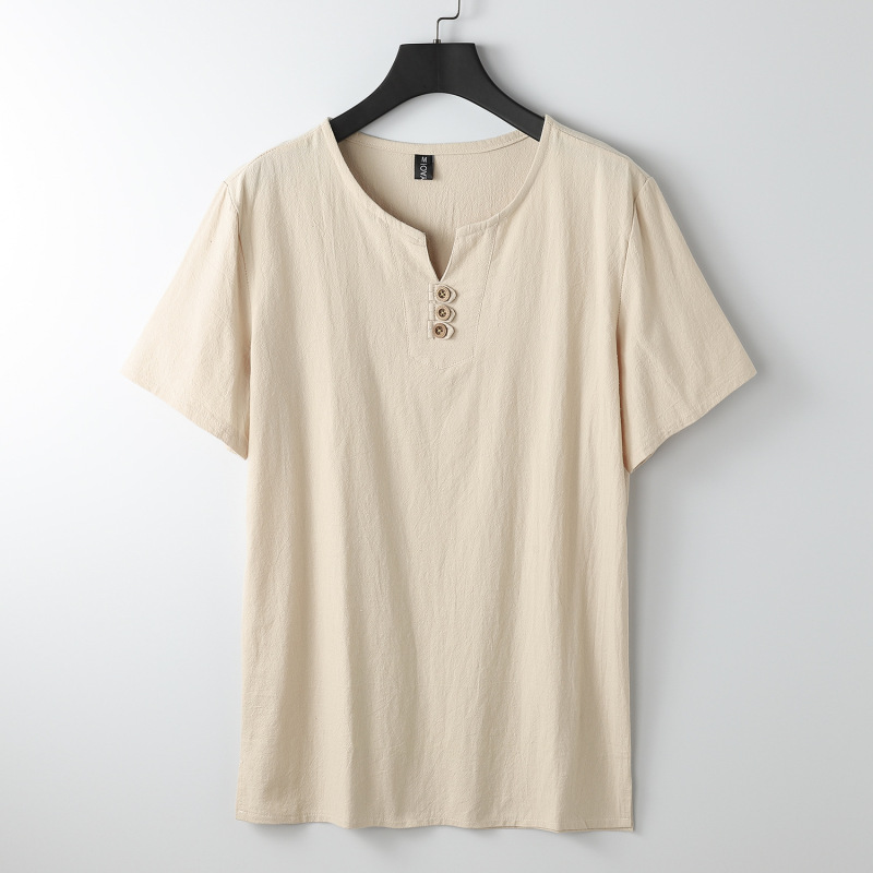 リネン Tシャツメンズ半袖夏ルーズメンズ中国風綿とリネン半袖トレンディな中国風メンズボタンダウントップ|undefined