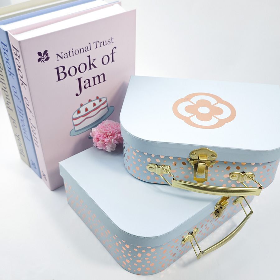 2025年新款清新蓝色烫金图案一套两个手提箱式礼品盒现货