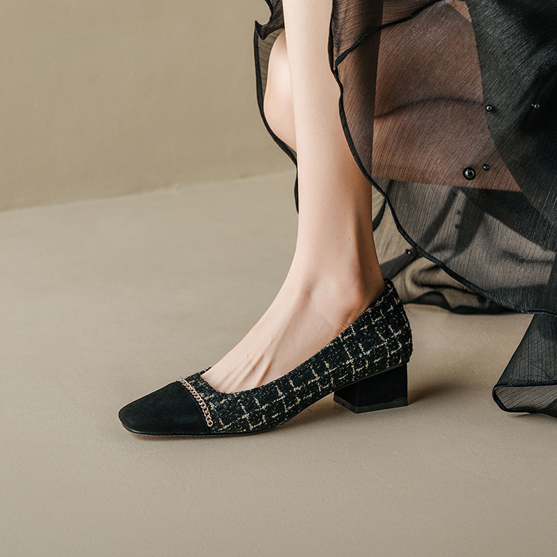 Tailstock Spring New Design Sense Niche Elegant Mid-heel Shoes Women's Fashionable Square Head Small Chanel Style Color-matching Shoes