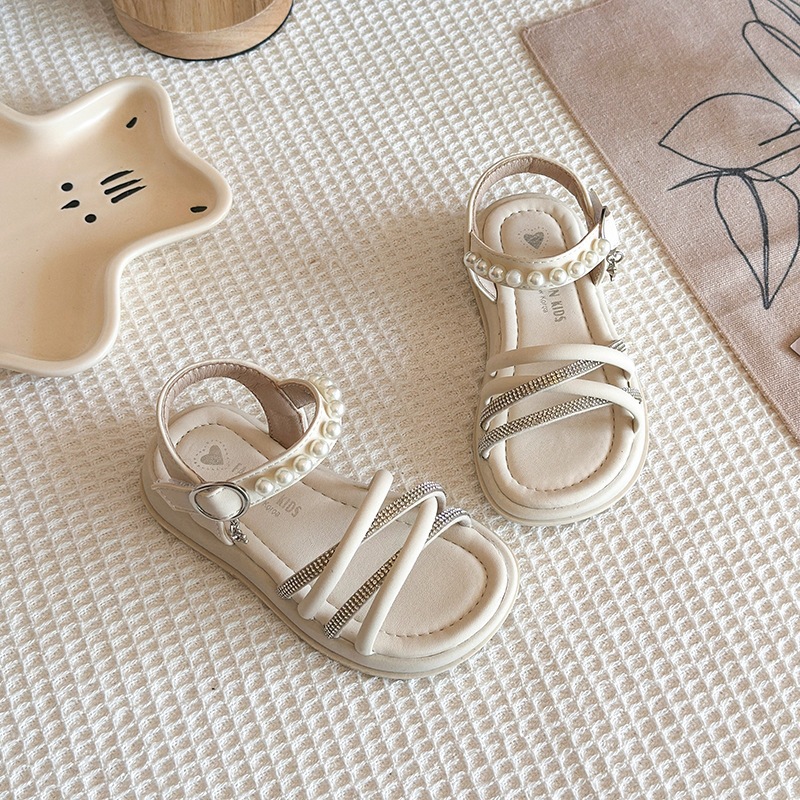 Sandali da bambina con perle e strass, nuovo stile estivo, suola morbida, scarpe romane a punta aperta da principessa per bambine._voghion.com