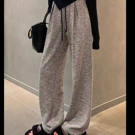 阔腿裤女春秋2025新款垂感宽松bf慵懒黑白斜条纹休闲直筒运动裤女