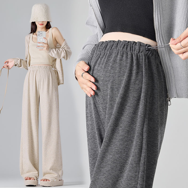 Pregnant Women's Flesh Covering Autumn and Winter Side Drawstring Glutinous Rice Pants Wide Leg Pants Simple All-match Retro Pregnant Women's Long Pants
