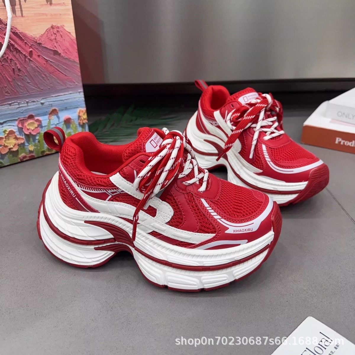 Thick-Soled Genuine Leather Mesh Dad Shoes for Women, 2026 Spring Casual Sneakers, Height-Increasing Versatile White Shoes for Petite Women