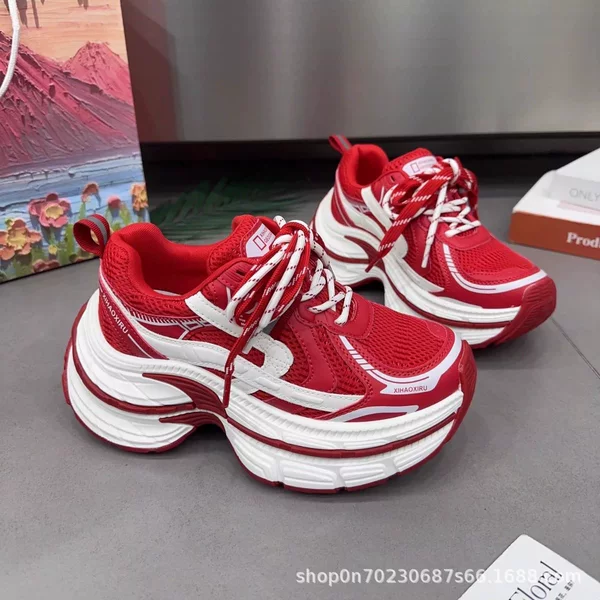 Thick-Soled Genuine Leather Mesh Dad Shoes for Women, 2026 Spring Casual Sneakers, Height-Increasing Versatile White Shoes for Petite Women