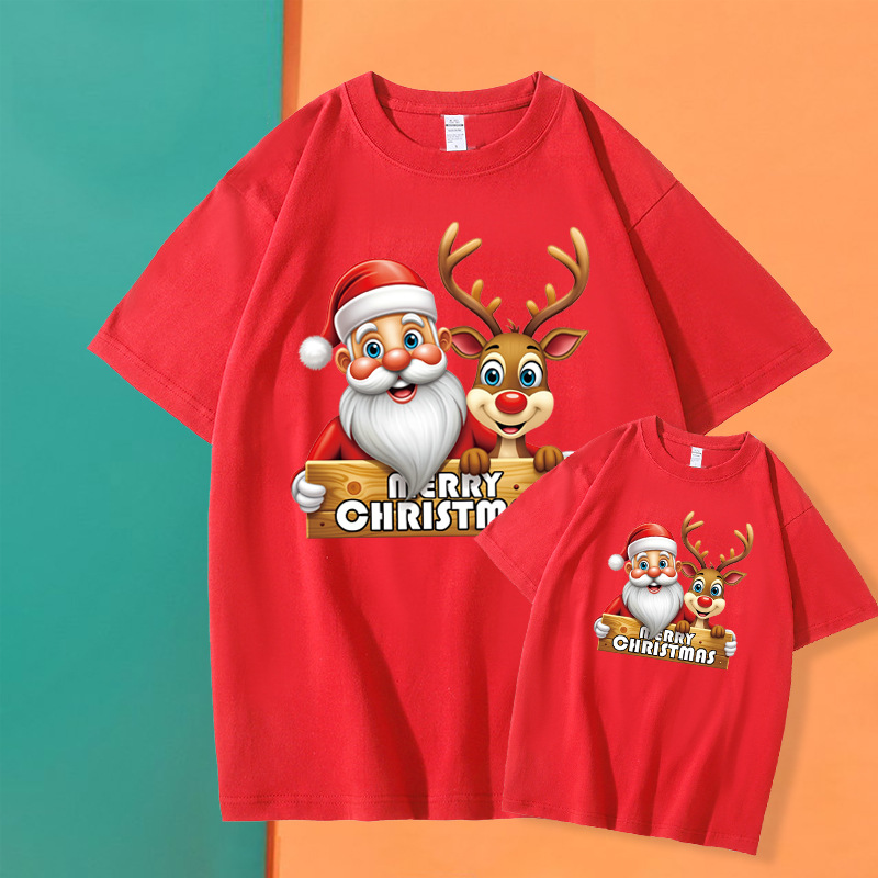 Christmas outfits, parent-child short-sleeved Merry Christmas, green and red Santa Claus party T-shirts, trendy.