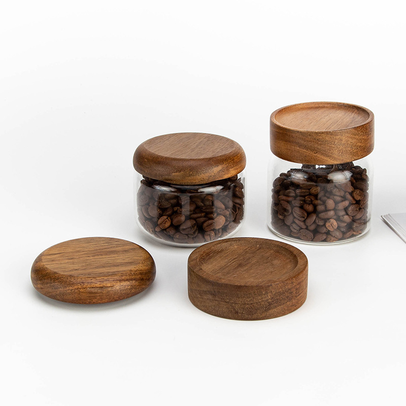 工場卸売り高ホウ素ガラス密封缶木カップ蓋茶葉缶貯蔵缶アカシア竹木蓋収納|undefined