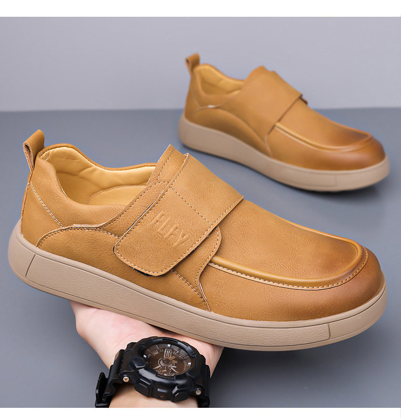Giày lười nam da PU kiểu retro, quai dán Velcro, form rộng thoải mái, đế cao su êm chân — Màu đen, màu vàng chi tiết 18