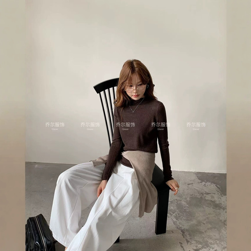 Sheep wool half-high collar knitted base shirt for women, slim fit, long sleeve Sheep wool half-high collar knitted base shirt for women, slim fit, long sleeve