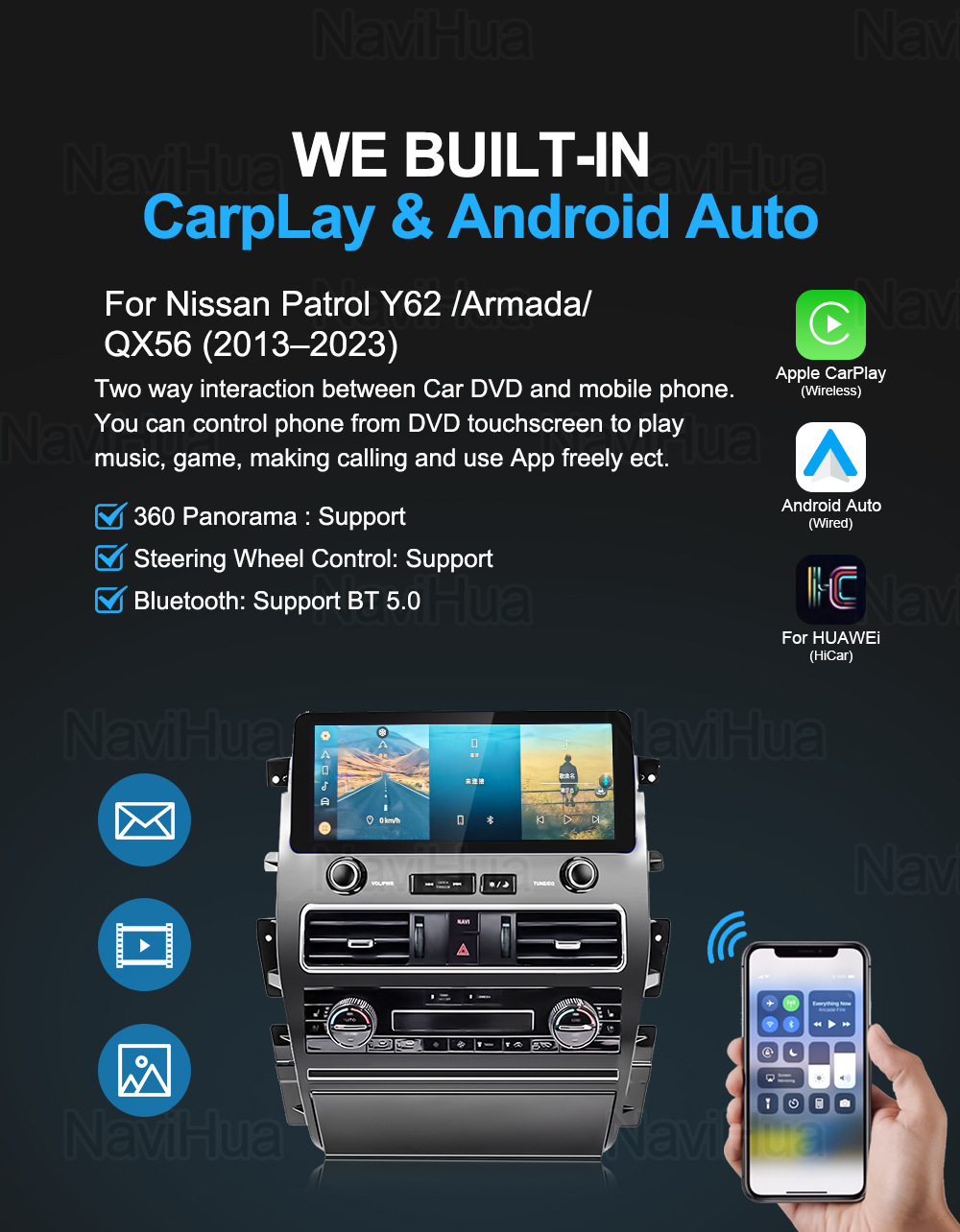 Suitable for Nissan Patrol Y62 Navigation Central Control Screen Car Navigation All-In-One Reversing Image Supports Carplay