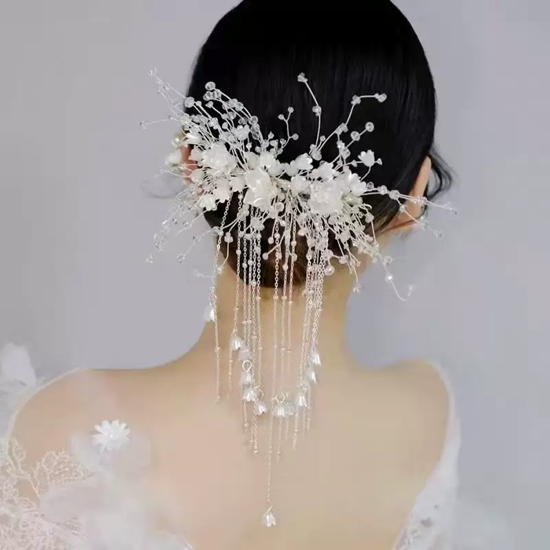 新款新娘时尚甜美铃兰花长流苏唯美婚纱造型发饰森系汉服白纱发箍