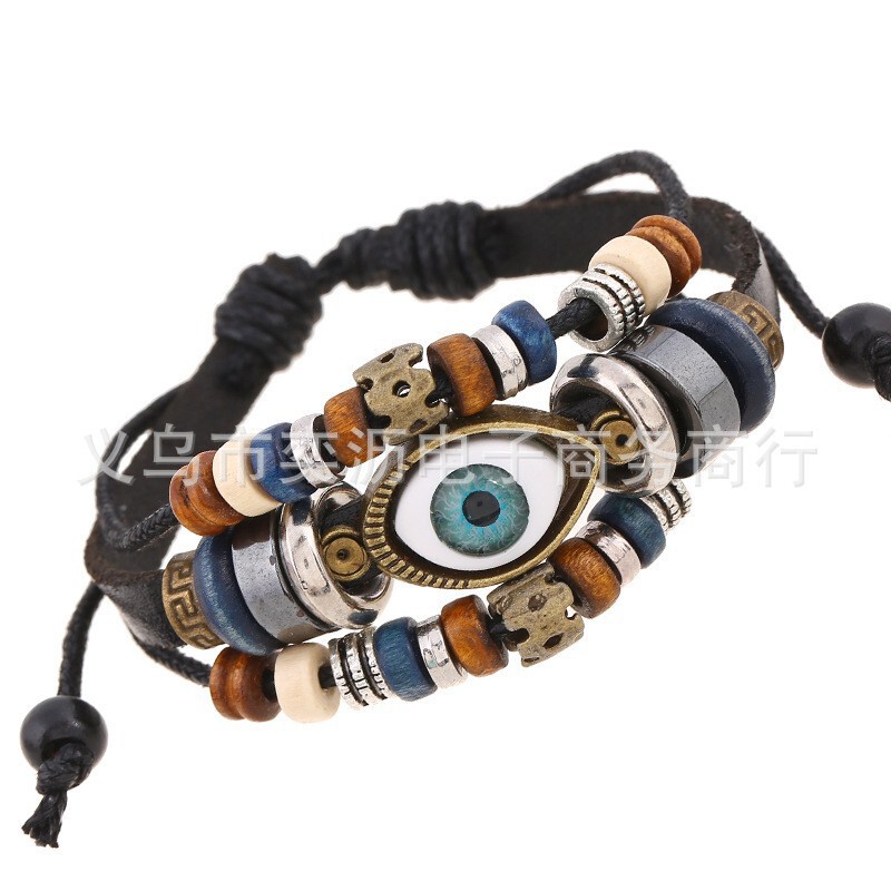 Cross-Border fashion jewelry New beaded eyes cowhide bracelet pull adjustment couple leather bracelet European and American jewelry