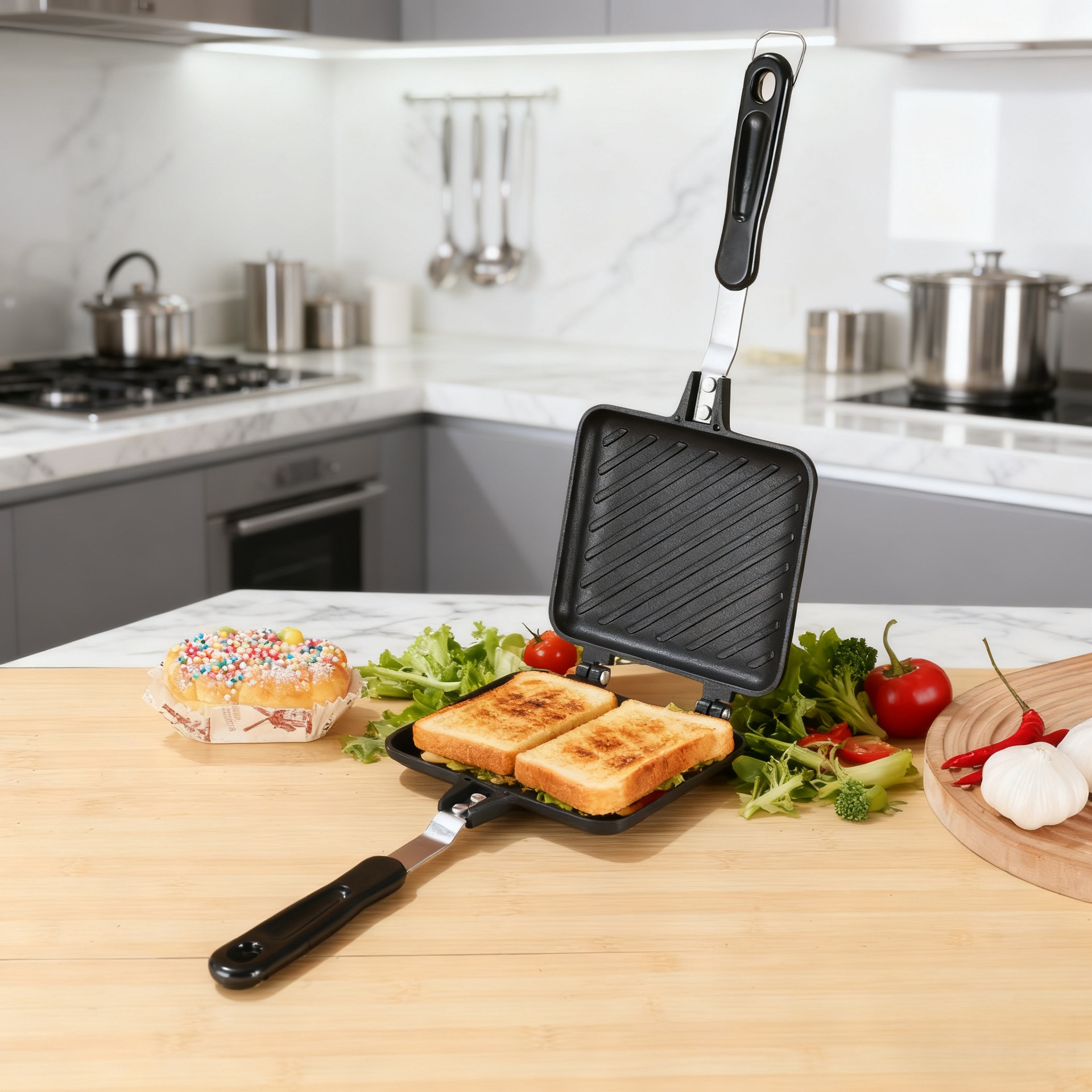 Molde para sándwich y pan antiadherente, sartén de doble cara para desayuno, tortilla y waffles