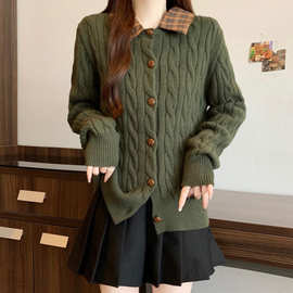 大码美式复古绿色拼格子针织毛衣秋冬设计感翻领开衫外套上衣女
