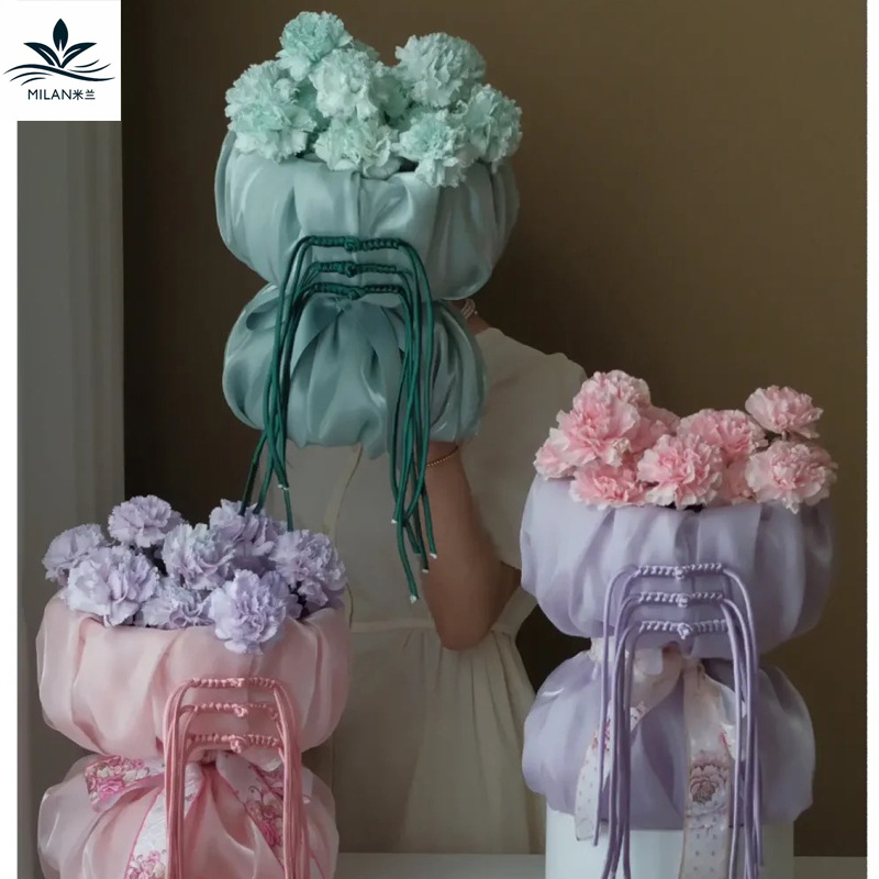 母亲节新中式旗袍真丝包花布冰丝纱圆形花束鲜花花艺包装DIY材料