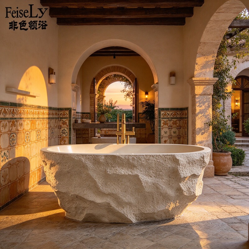 Whole Stone Carved Oval Bathtub Made of Natural Cave Stone, Anti-Fouling and Corrosion-Resistant, for Villas, Mansions, and Hotels, Bathtub Manufacturer