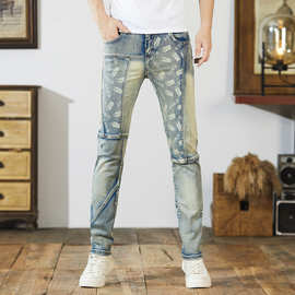 欧洲站牛仔裤男复古怀旧机车弹力小直筒2024新款拼接乞丐裤韩版潮