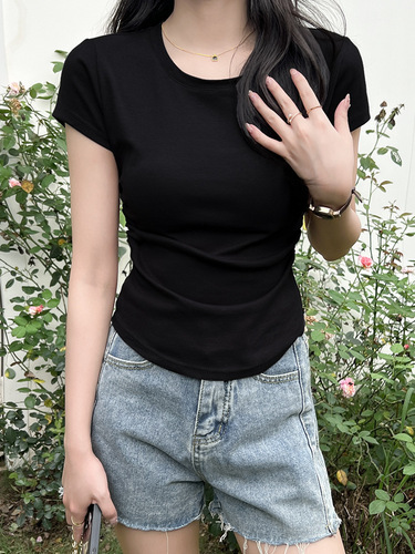 Design sense niche square-shoulder pure cotton crew neck short-sleeve T-shirt for women summer hot girl short style high-waisted slimming versatile top