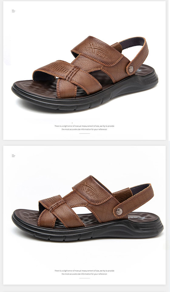 Dép sandal nam da bò hở ngón gót bằng 2,5 cm thoáng khí chống trượt — Kaki, Màu đen chi tiết 24