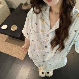 带胸垫睡衣女夏季短袖短裤甜美可爱小狗开衫薄款可外穿家居服套装