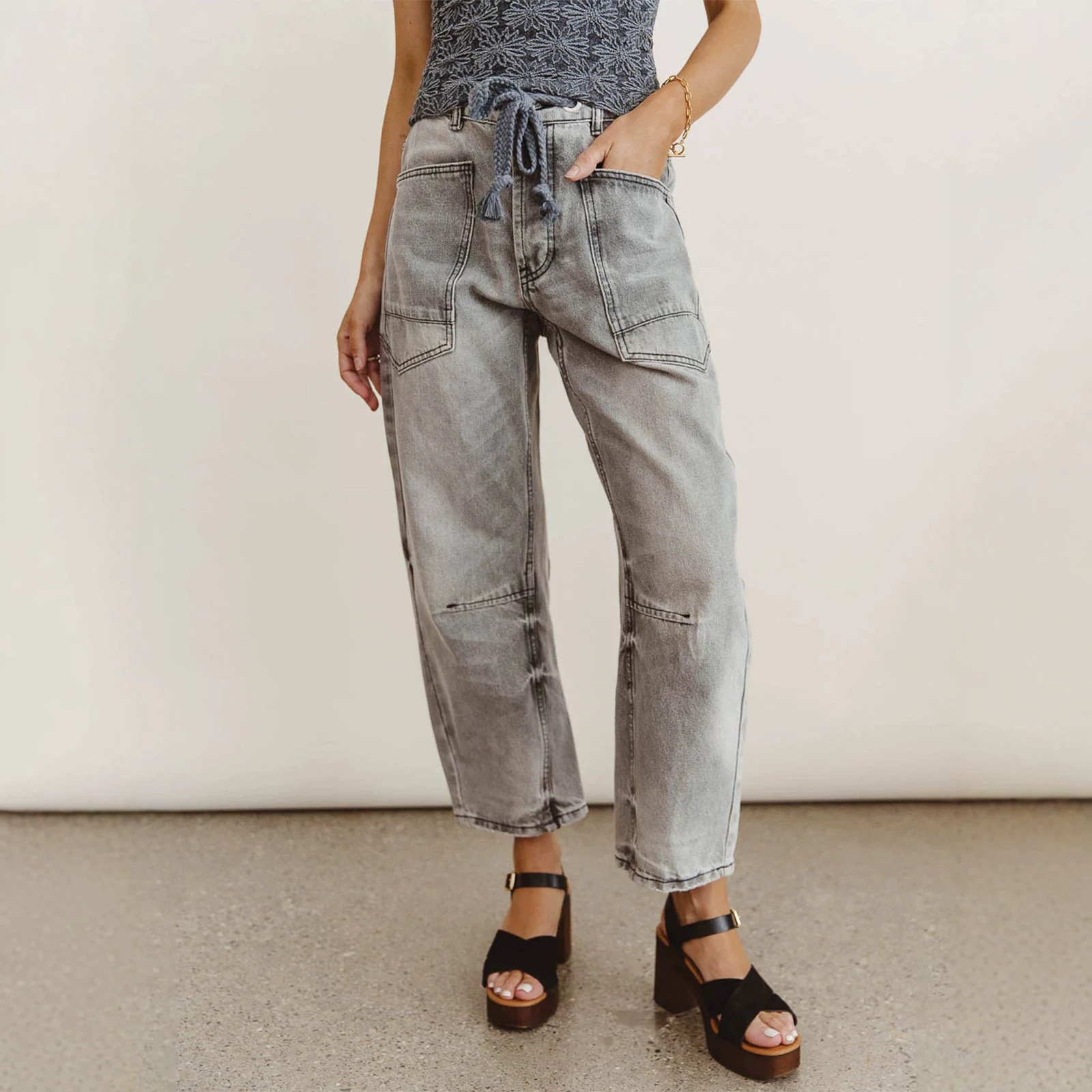 Jeans Rectos con Cordón para Mujer, Mezclilla de Algodón y Poliéster, Cintura Media, Corte Holgado, para Uso Casual