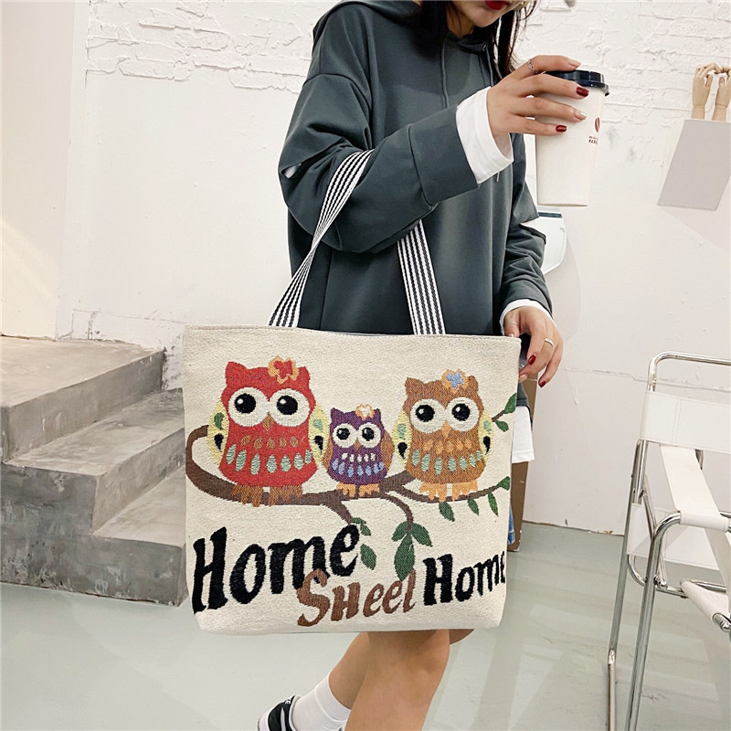 Cross-border foreign trade new cartoon embroidery leisure tote bag handbag owl embroidery bag mommy shopping bag