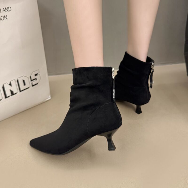Suede Pointed Toe High-Heeled Boots Autumn and Winter New Style Pleated Heel Zipper Temperament Stiletto Casual Short Boots for Women