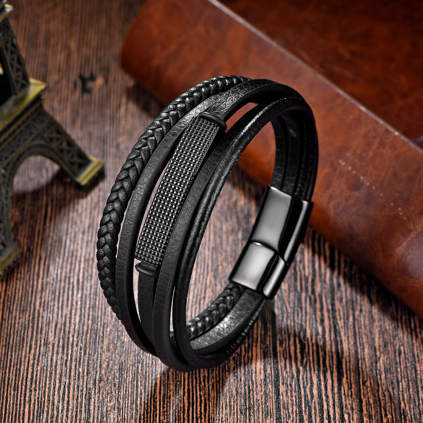 30g Weight Bangle Classification Business Hip-Hop Solid Color 304 Stainless Steel Pu Leather Braid Men's Bangle Men Cord & Leather Bracelets