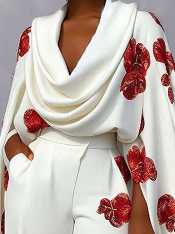 Printed Heap Collar Long Sleeves Two-piece Set Trousers Suit