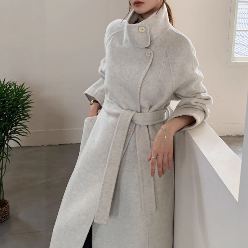 Korean Style Stand-Up Collar Elegant Work Clothing Double-Sided Cashmere Outwear Women's Long Knee-Length Loose Version Single-Breasted Woolen Outwear