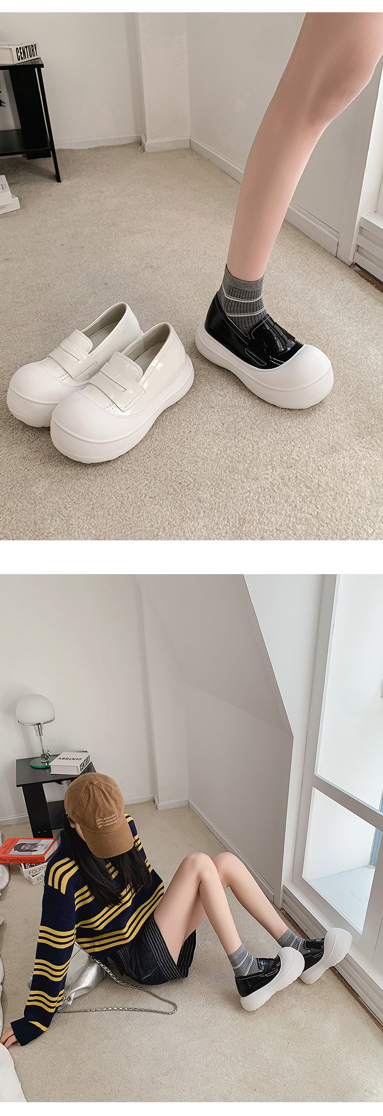 Giày loafer nữ đế dày 5cm da thật phong cách sneaker chunky — màu đen, màu trắng chi tiết 18
