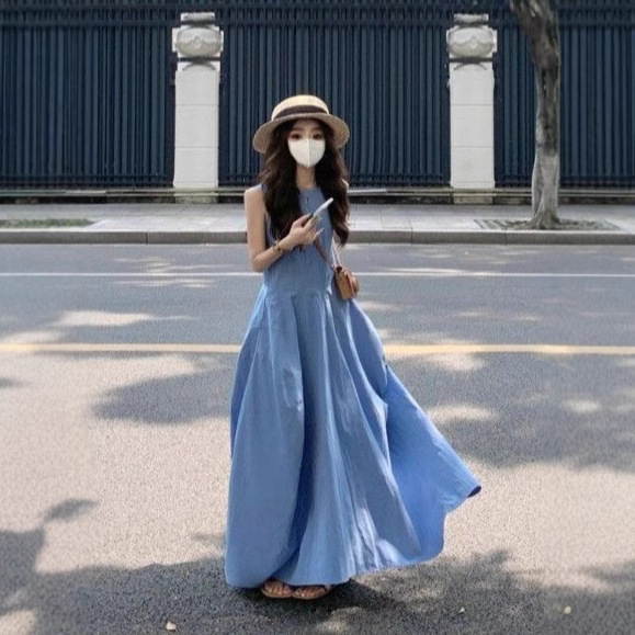 Beach Vacation Style Blue Sleeveless Vest Dress for Women, Summer 2026 Spring Trendy New Long Dress