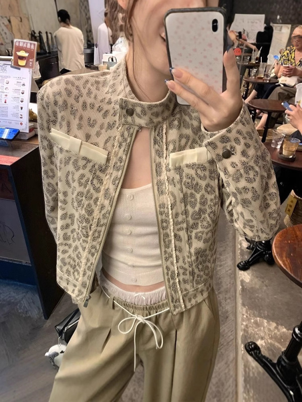 '豹纹限定'小众做旧定染豹纹印花立领外套女秋棉氨纶翻领常规袖|undefined