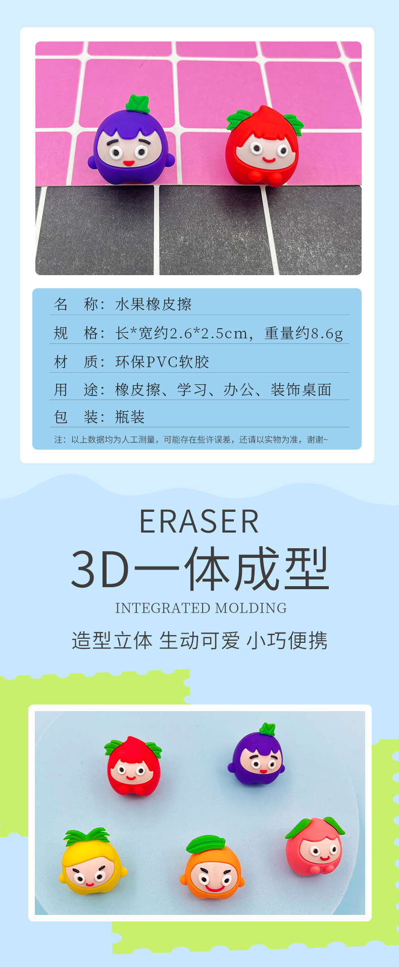 创意可爱水果橡皮擦可爱橡皮擦无屑擦得干净儿童小学学习用品批发详情2