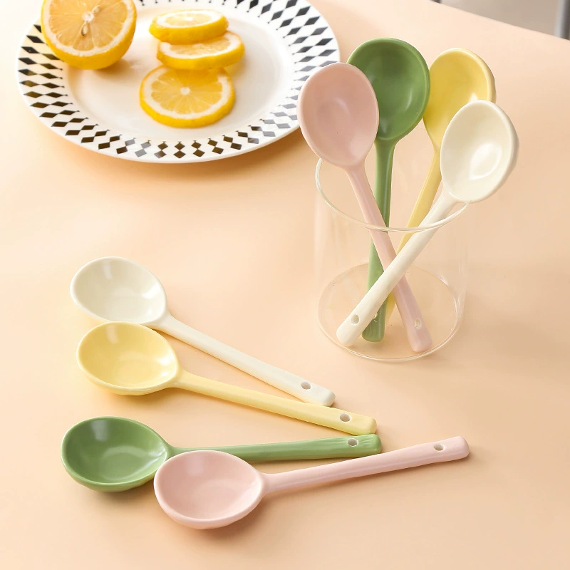 Прям Red Cream Furnishing Ceramics Long -handle Tablet Milk Yellow Skeleton High Beauty Small Spoon Tablet