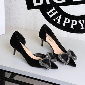 1363-AH123 European and American style black temperament rhinestone decoration bow pointed shallow mouth side hollow sex