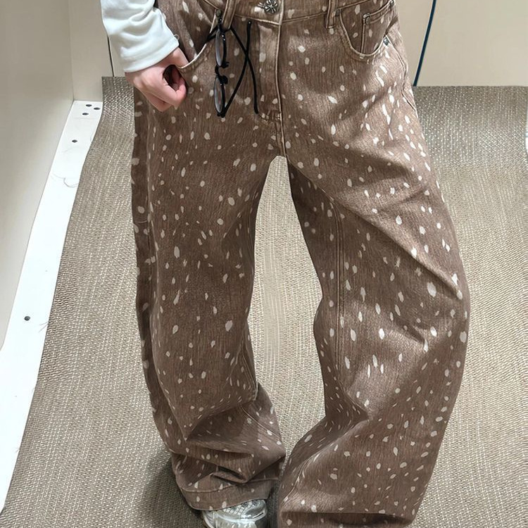 跨境美式复古梅花鹿印花牛仔裤子女辣妹bf慵懒风低腰显瘦拖地裤|undefined