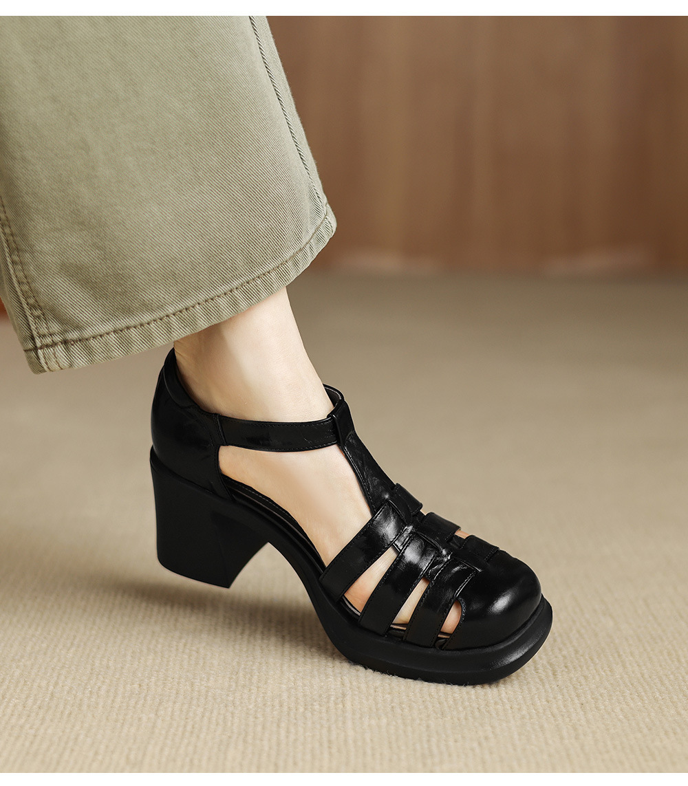 Sandal nữ phong cách La Mã gót dày 7 cm, mũi kín quai T, đế xuồng — màu nâu chi tiết 8