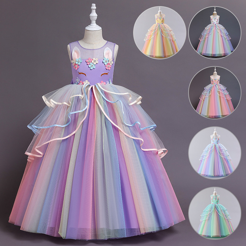 2023 verano nuevo europeo y americano vestido de las niñas vestido unicornio malla Arco Iris mullido hilo princesa vestido
